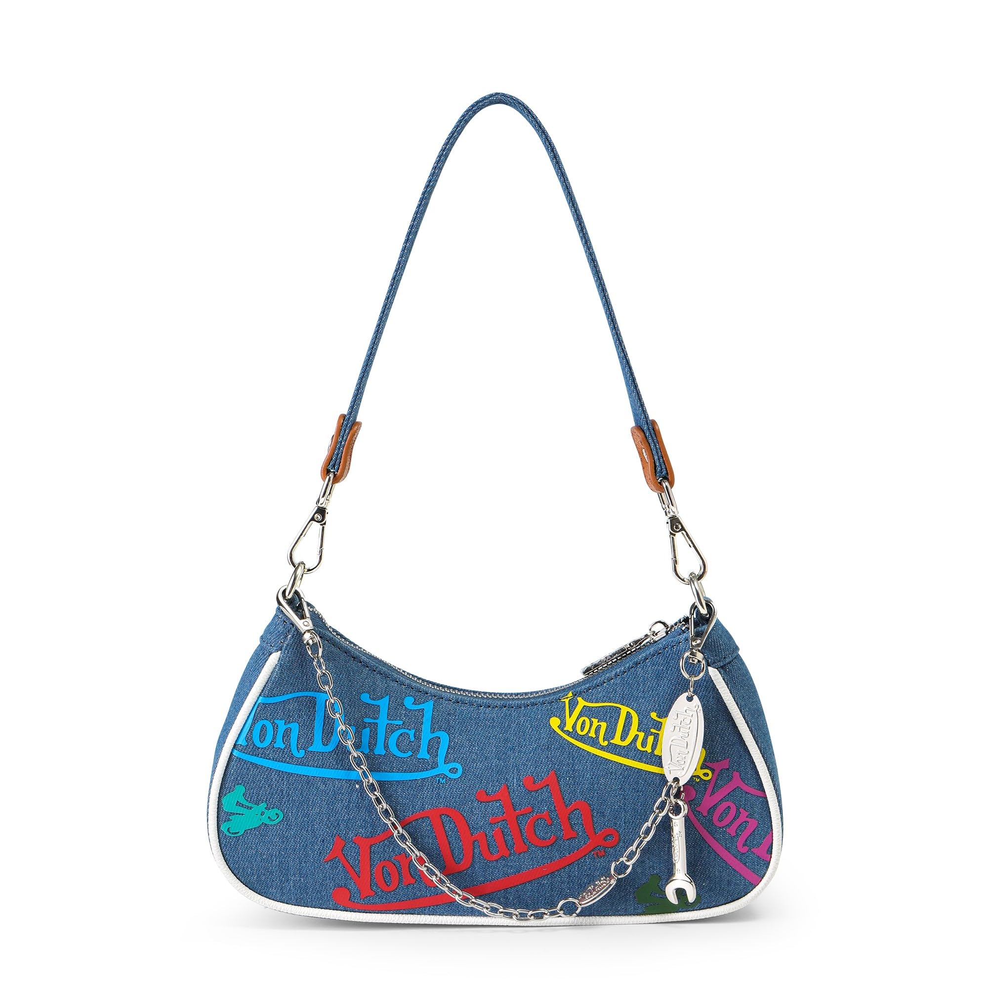 Von Dutch Purse Shoulder Bag, Women's Shoulder Handbags Logo Print and Gold or Silver Chain with Wrench Charm