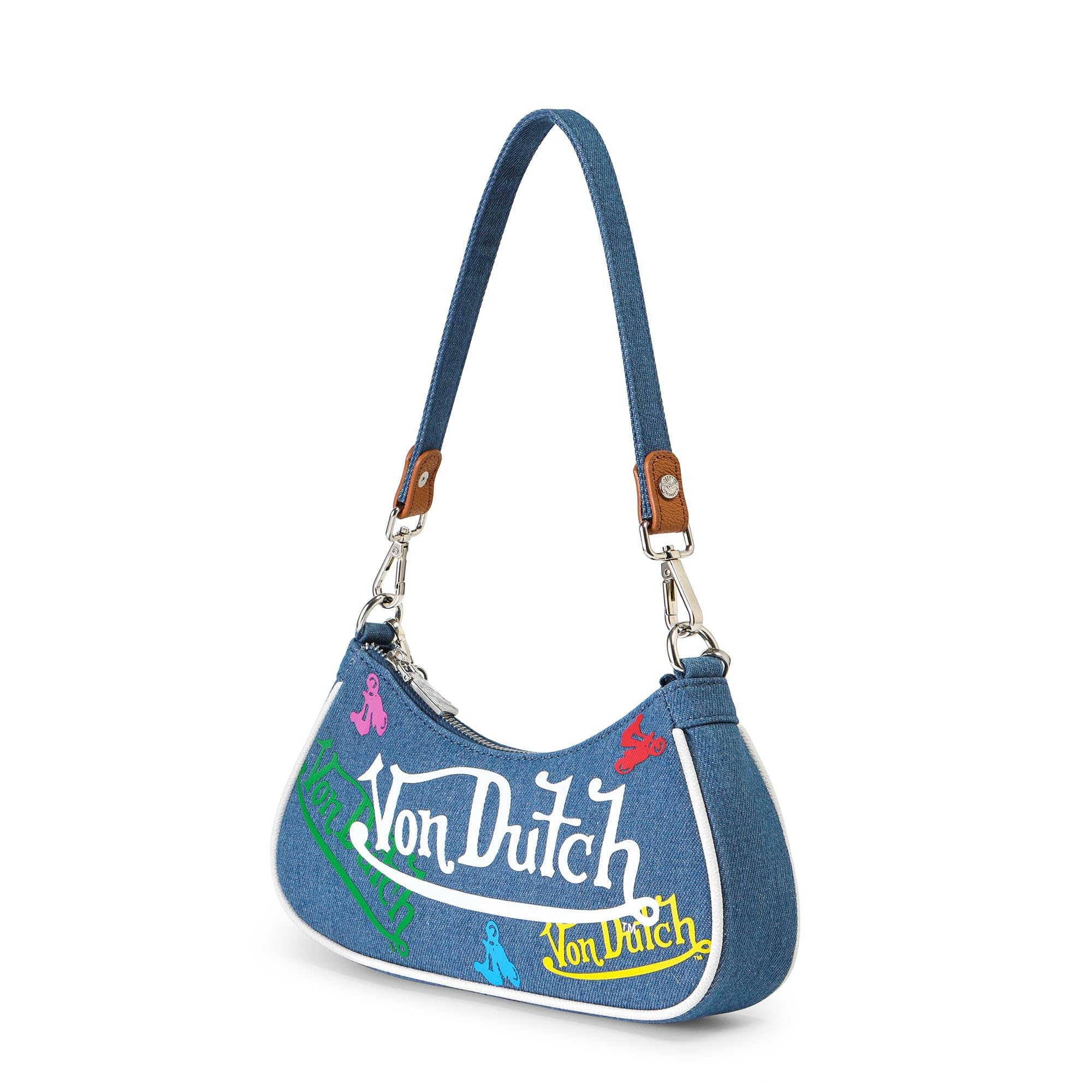 Von Dutch Purse Shoulder Bag, Women's Shoulder Handbags Logo Print and Gold or Silver Chain with Wrench Charm