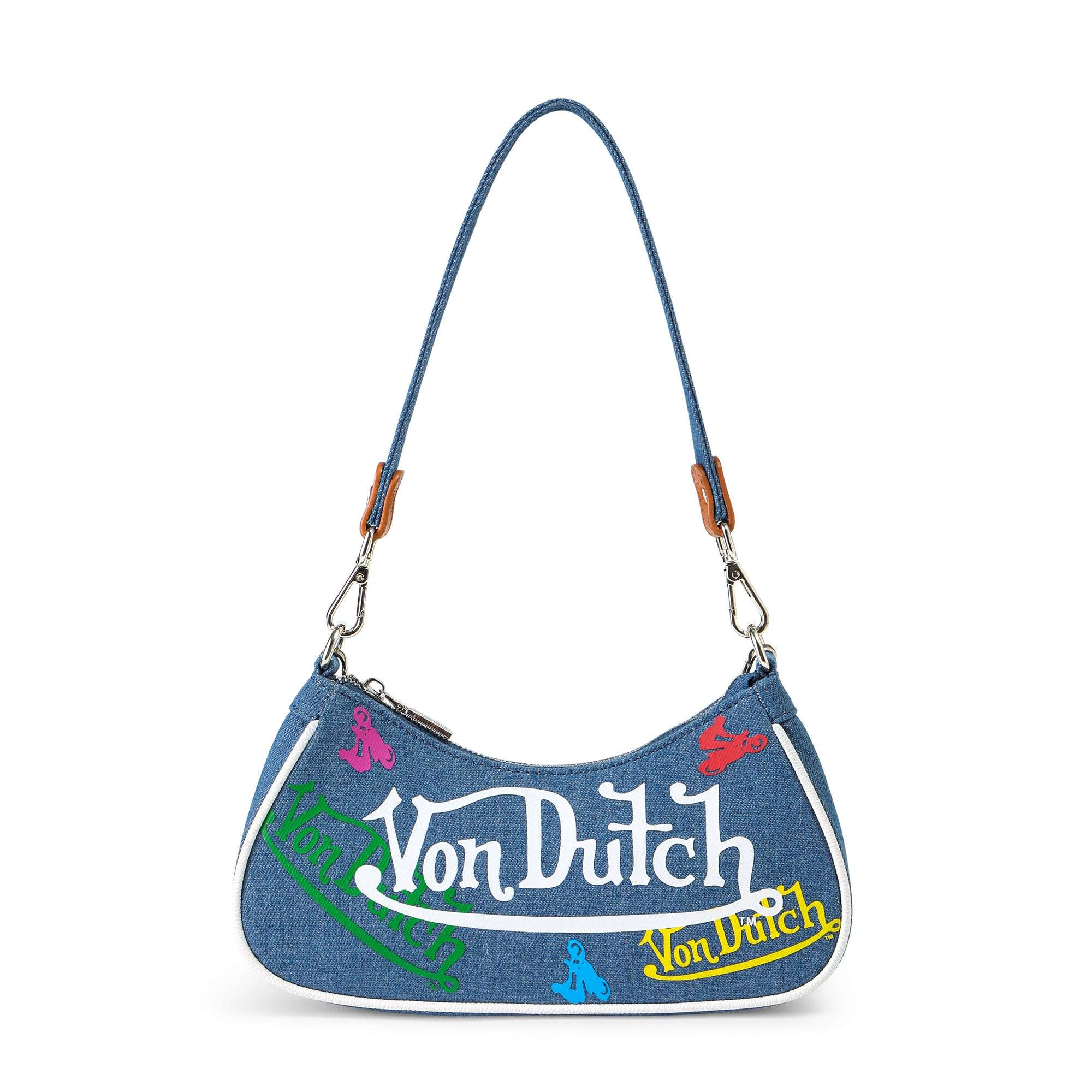 Von Dutch Purse Shoulder Bag, Women's Shoulder Handbags Logo Print and Gold or Silver Chain with Wrench Charm