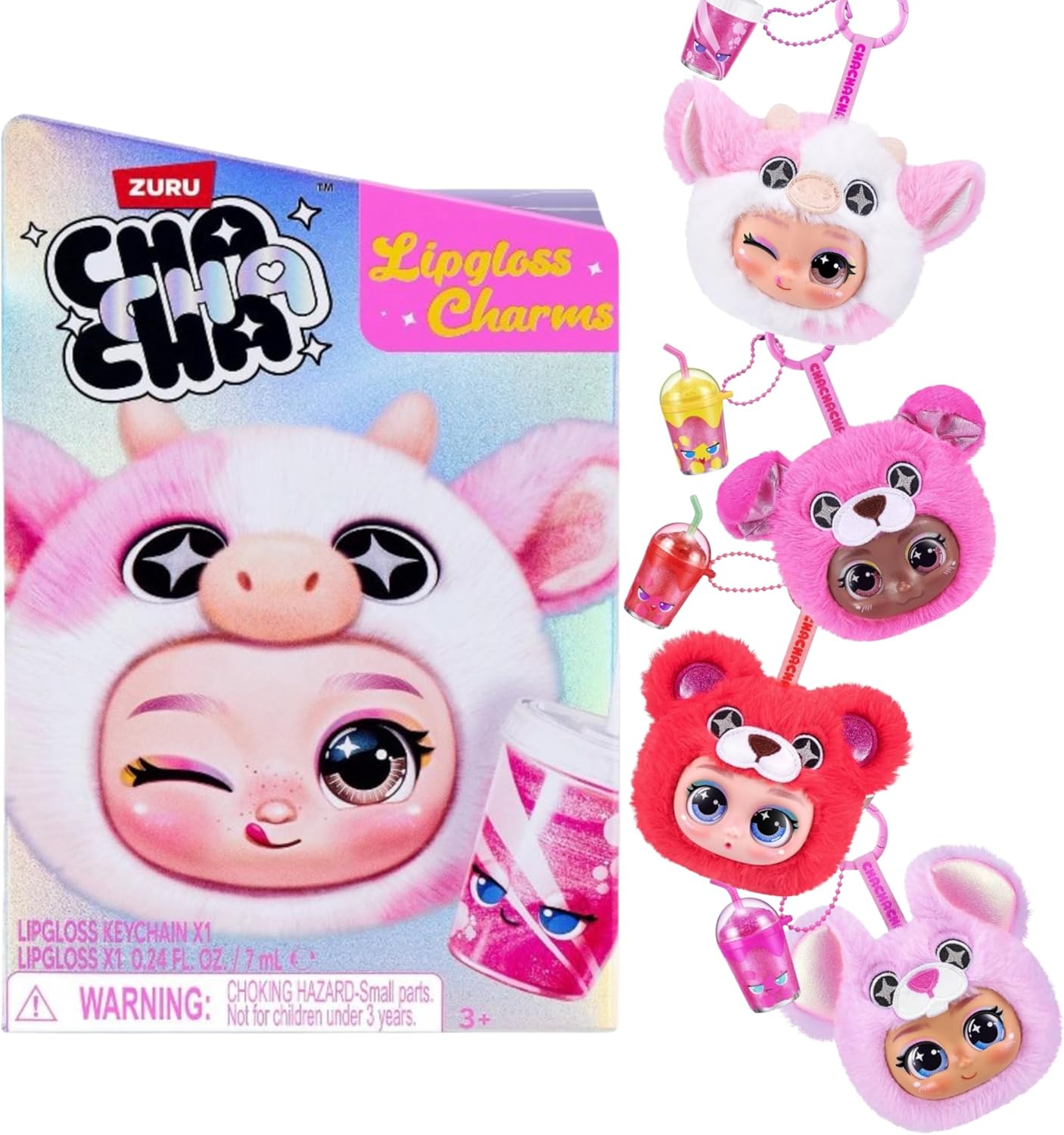 ZURU Cha Cha Cha Lipgloss Charms Blind Box, Plush Keychain with Lip Gloss, 8 Characters to Collect, Ages 3+