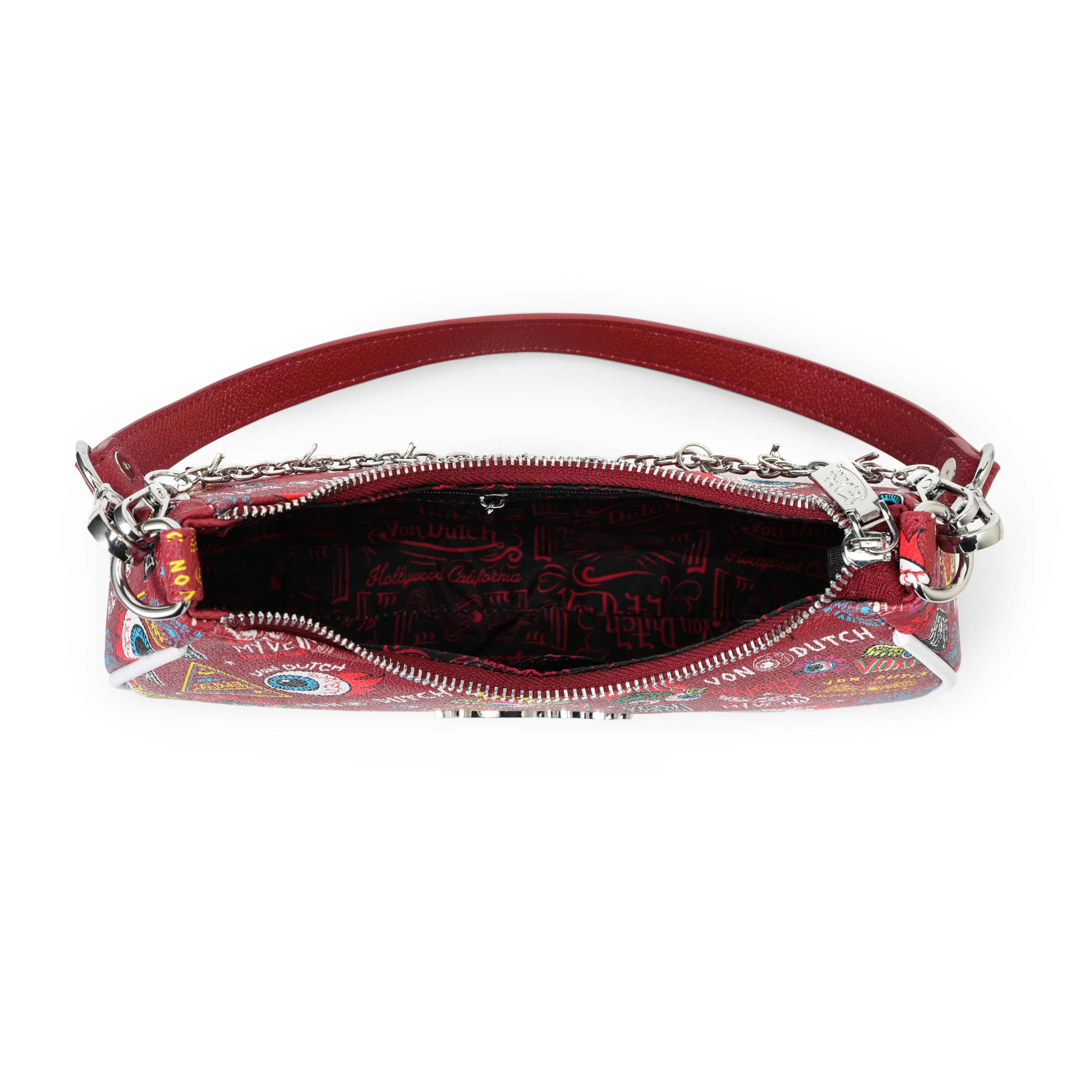 Von Dutch Purse Shoulder Bag, Women's Shoulder Handbags Logo Print and Gold or Silver Chain with Wrench Charm