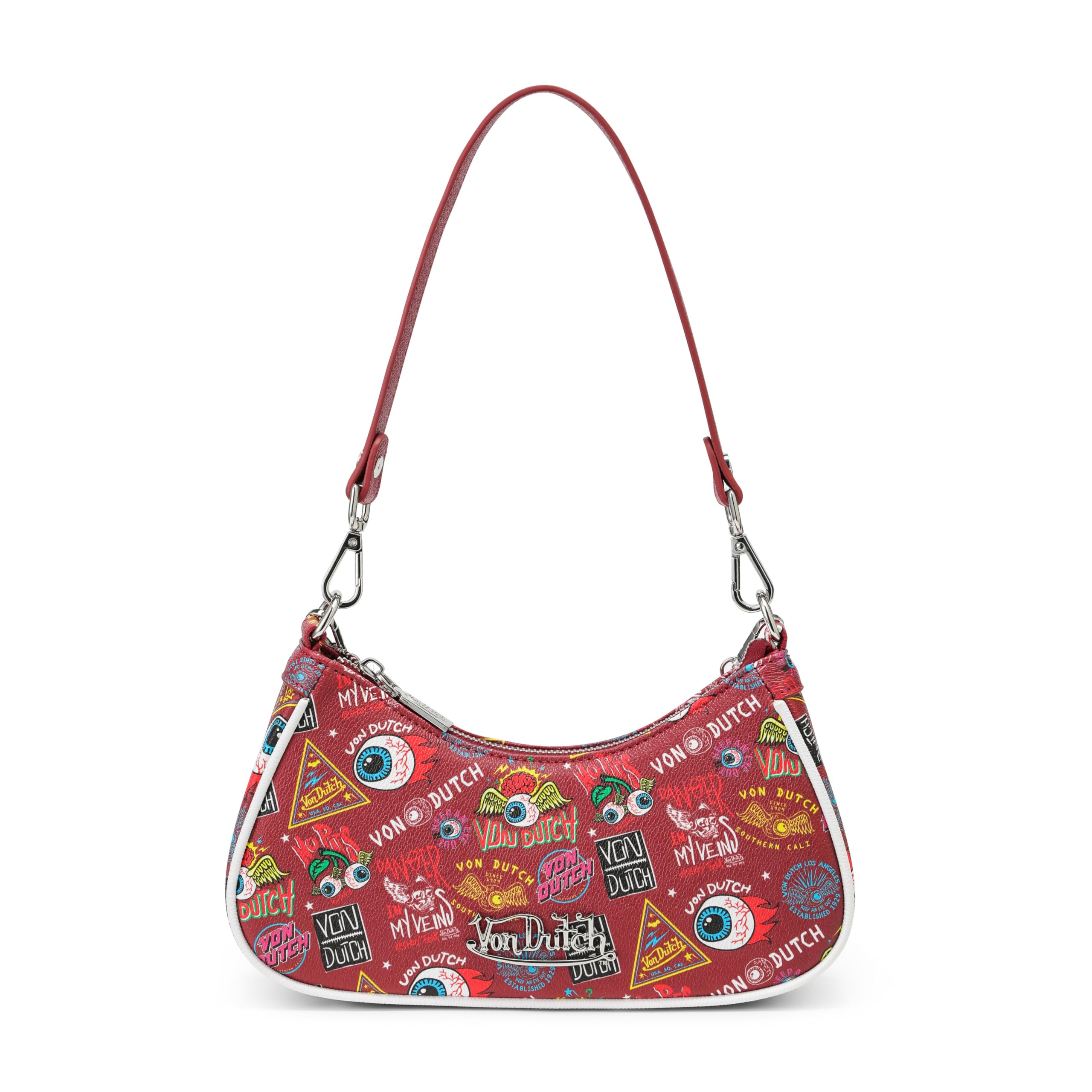 Von Dutch Purse Shoulder Bag, Women's Shoulder Handbags Logo Print and Gold or Silver Chain with Wrench Charm