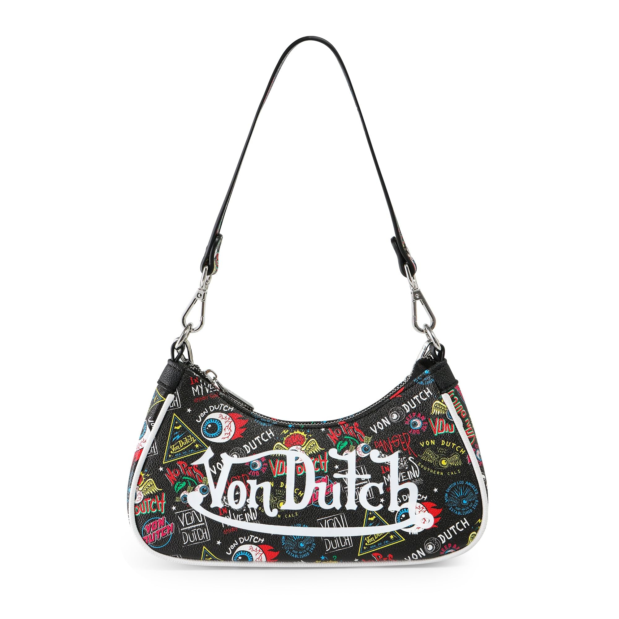 Von Dutch Purse Shoulder Bag, Women's Shoulder Handbags Logo Print and Gold or Silver Chain with Wrench Charm