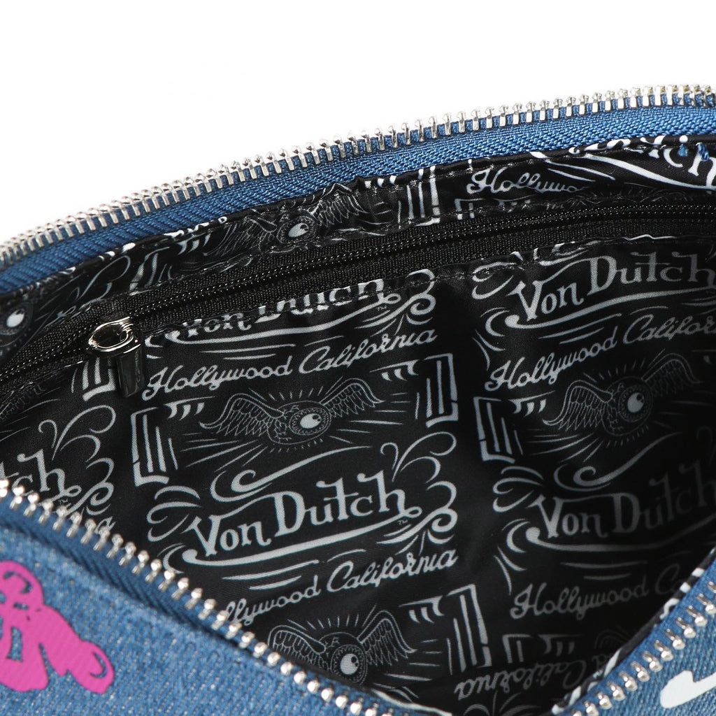 Von Dutch Purse Shoulder Bag, Women's Shoulder Handbags Logo Print and Gold or Silver Chain with Wrench Charm