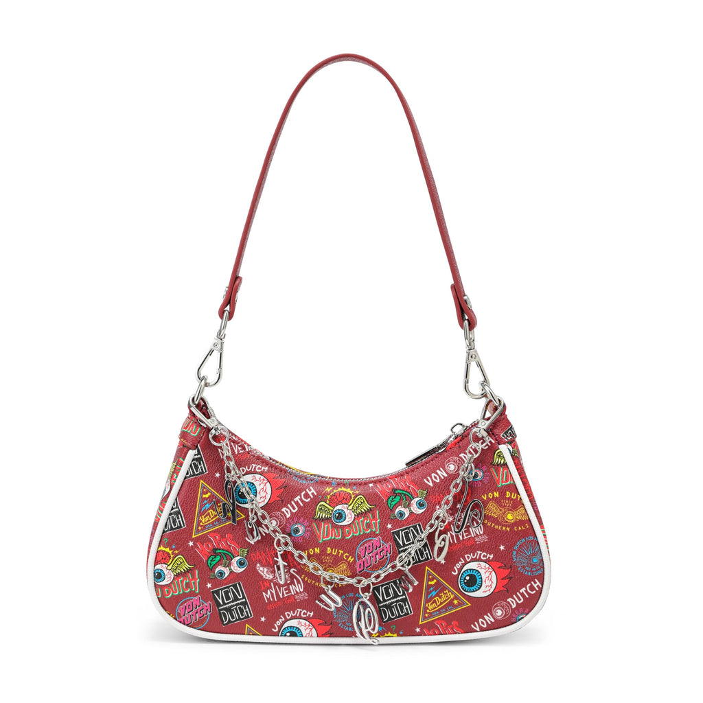 Von Dutch Purse Shoulder Bag, Women's Shoulder Handbags Logo Print and Gold or Silver Chain with Wrench Charm