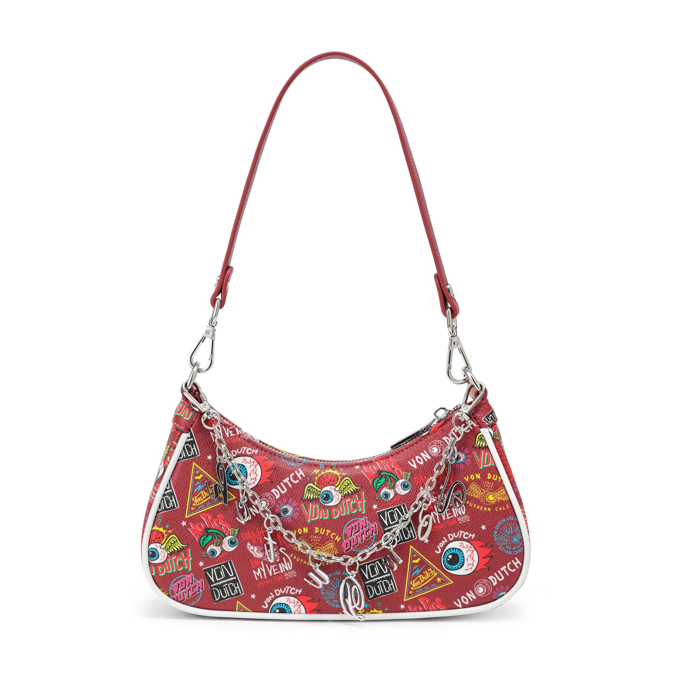 Von Dutch Purse Shoulder Bag, Women's Shoulder Handbags Logo Print and Gold or Silver Chain with Wrench Charm