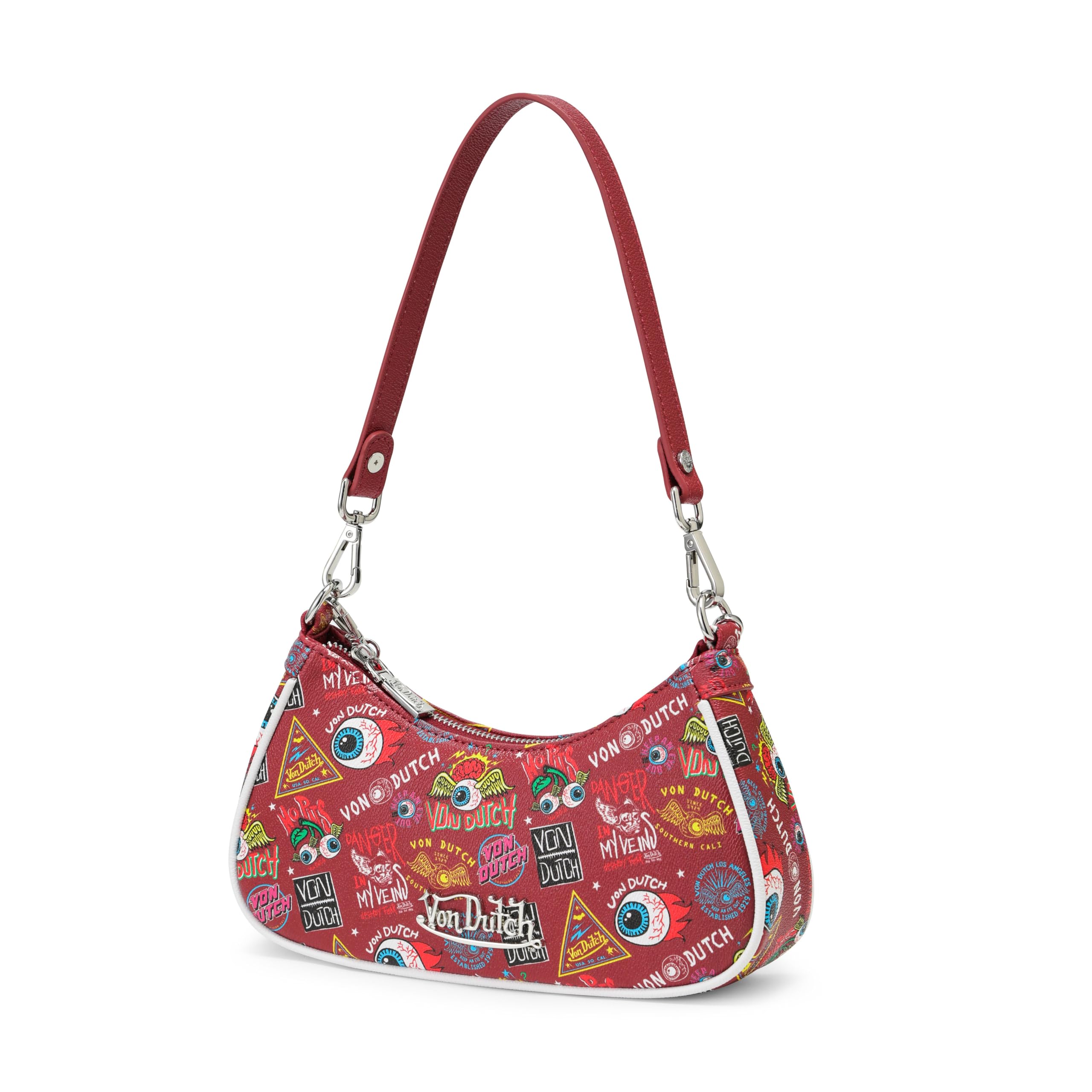Von Dutch Purse Shoulder Bag, Women's Shoulder Handbags Logo Print and Gold or Silver Chain with Wrench Charm