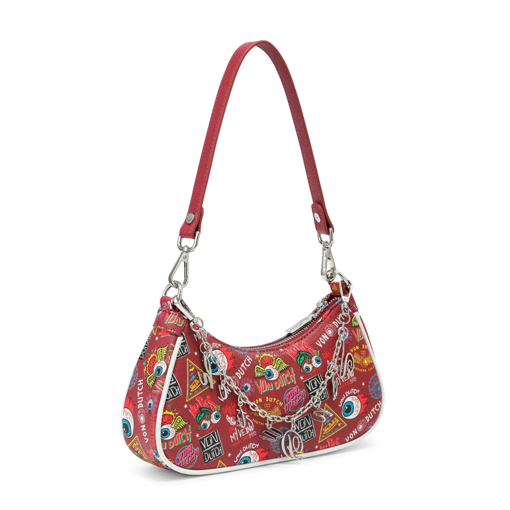 Von Dutch Purse Shoulder Bag, Women's Shoulder Handbags Logo Print and Gold or Silver Chain with Wrench Charm