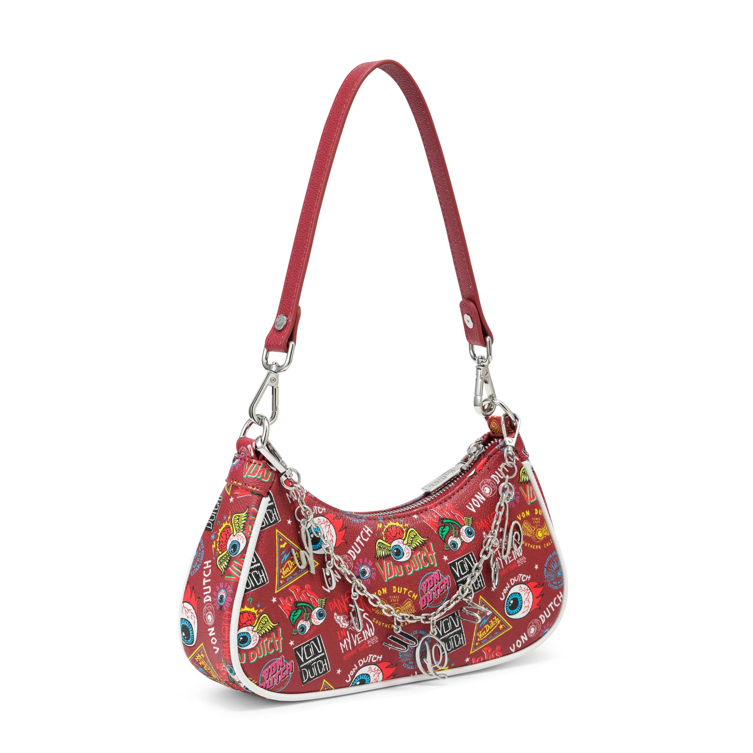 Von Dutch Purse Shoulder Bag, Women's Shoulder Handbags Logo Print and Gold or Silver Chain with Wrench Charm