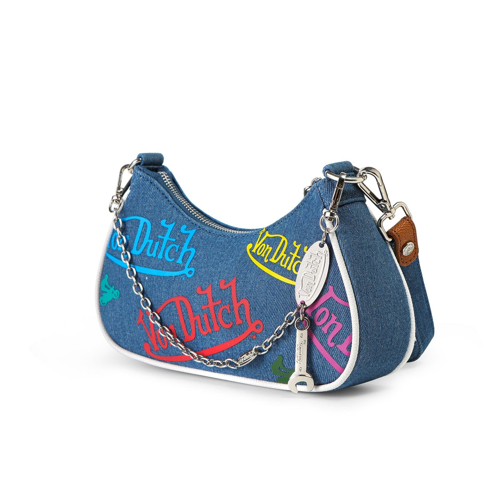 Von Dutch Purse Shoulder Bag, Women's Shoulder Handbags Logo Print and Gold or Silver Chain with Wrench Charm