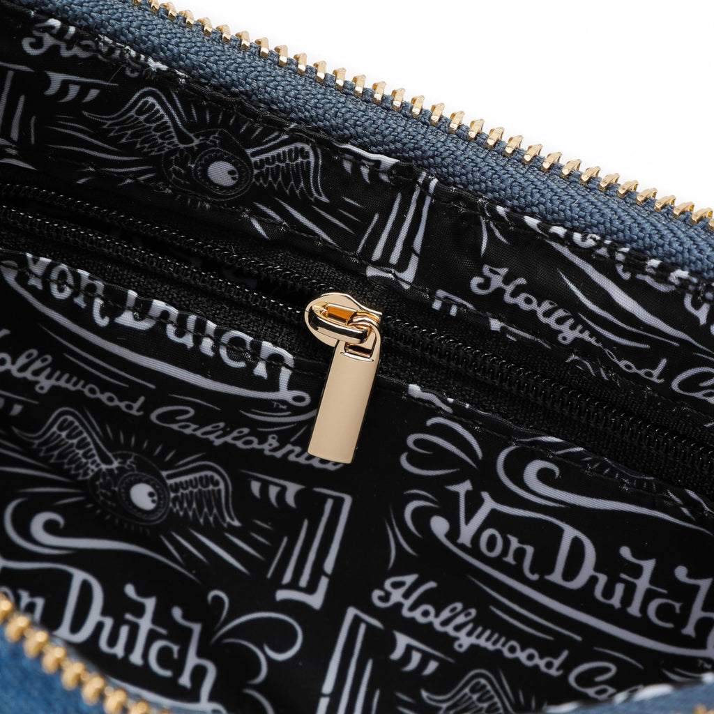 Von Dutch Purse Shoulder Bag, Women's Shoulder Handbags Logo Print and Gold or Silver Chain with Wrench Charm