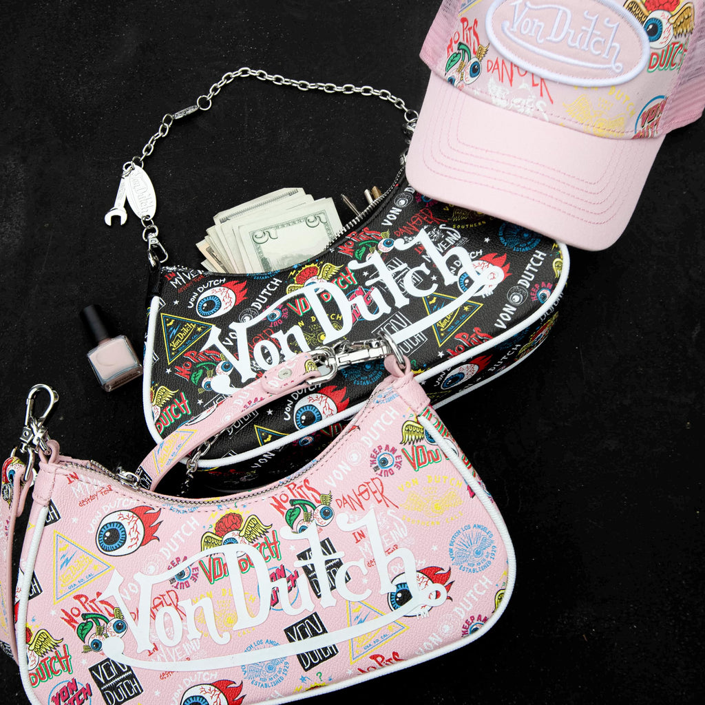 Von Dutch Purse Shoulder Bag, Women's Shoulder Handbags Logo Print and Gold or Silver Chain with Wrench Charm