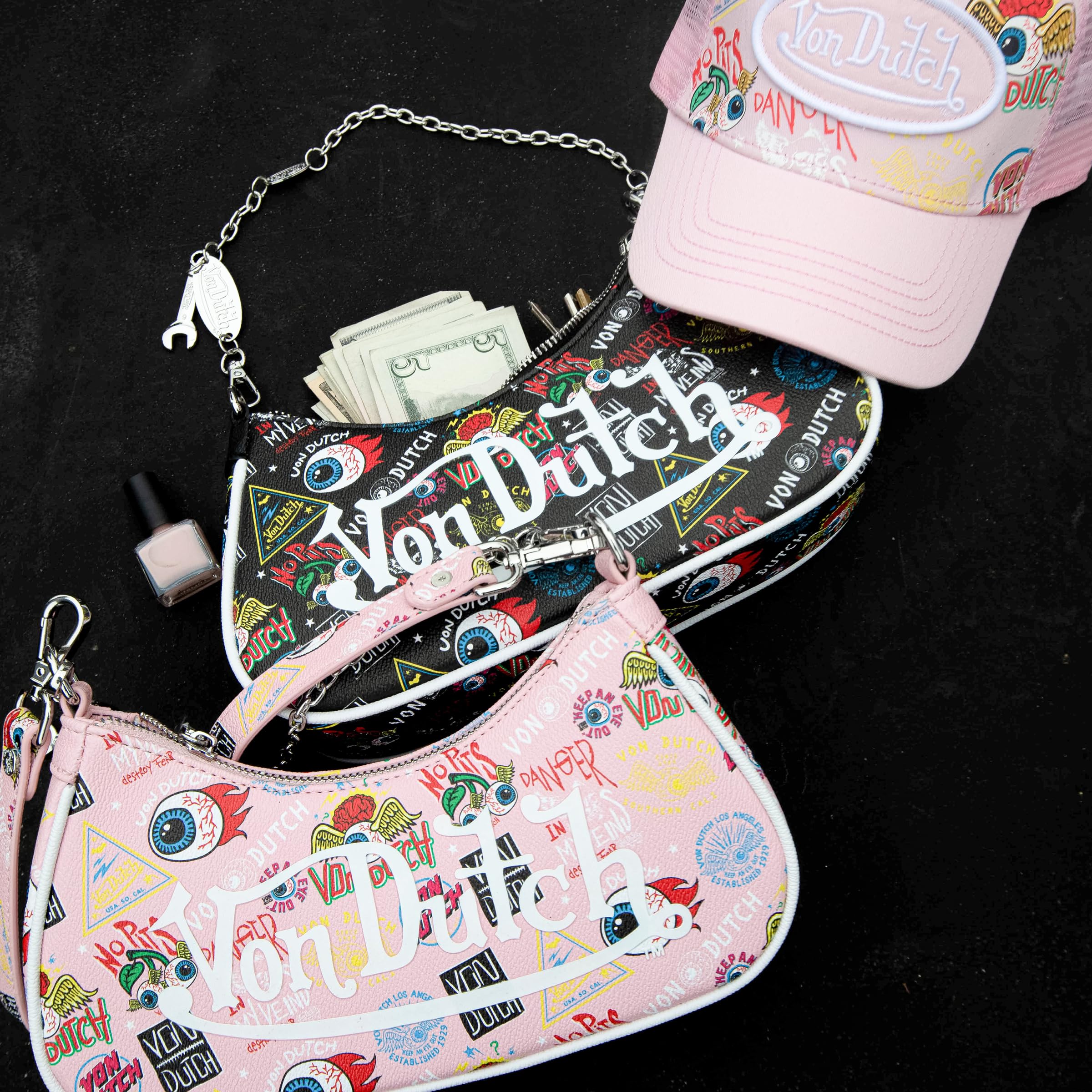 Von Dutch Purse Shoulder Bag, Women's Shoulder Handbags Logo Print and Gold or Silver Chain with Wrench Charm